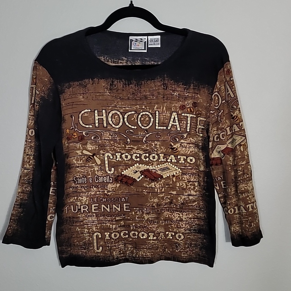 Vintage Take Two Chocolate Print Shirt Top Size M Brown 3/4 Sleeve Art Novelty